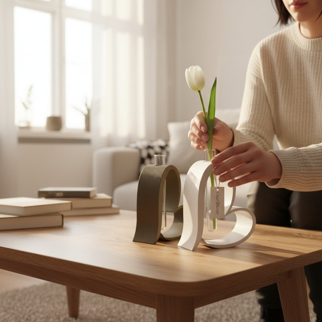 Herz Vase 3D Druck – Moderne Design Vase mit Glasröhrchen – Minimalistische Deko Geschenk Idee