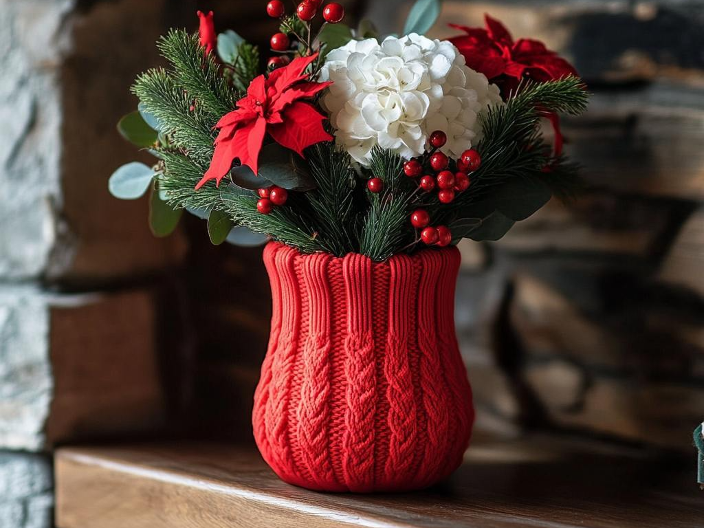 Gestrickte Weihnachtsvase – Handgemachtes Winterdekor mit Schleife – Edle Tischdekoration – Rot, Weiß oder Schwarz – Geschenkidee
