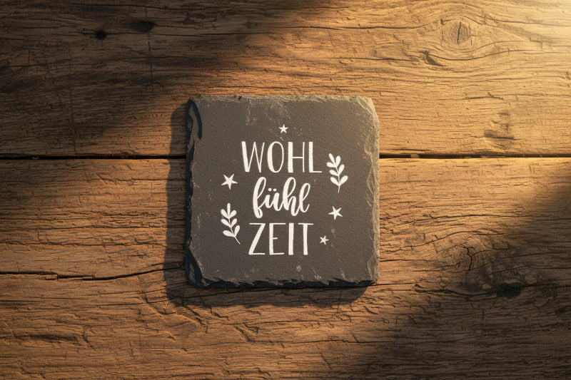 Untersetzer mit Spruch aus Schiefer, Schwarz (B/H/T) 9x1x9cm