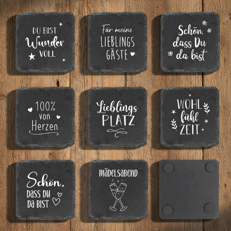 Untersetzer mit Spruch aus Schiefer, Schwarz (B/H/T) 9x1x9cm