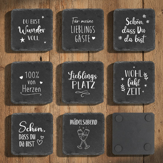 Untersetzer mit Spruch aus Schiefer, Schwarz (B/H/T) 9x1x9cm
